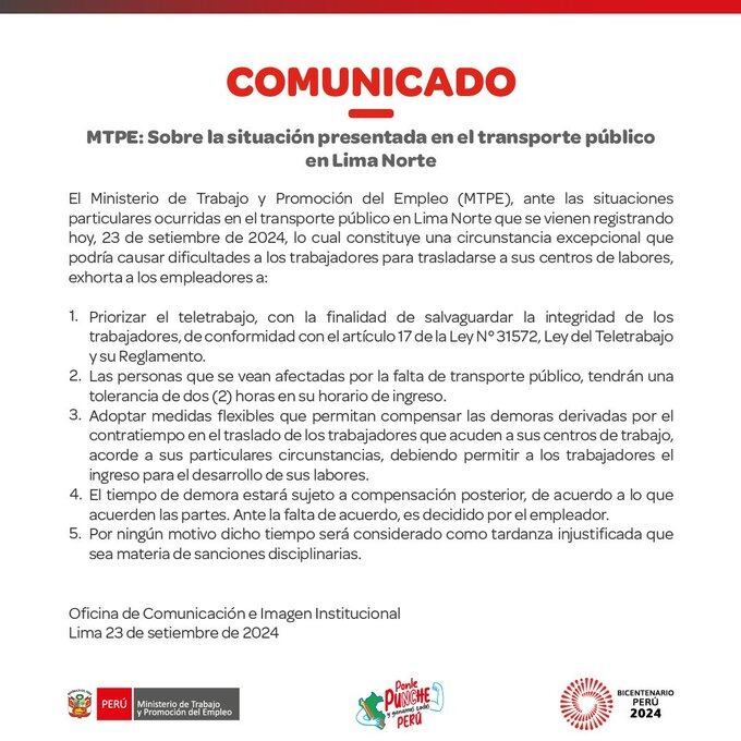 Comunicado del MTPE sobre el paro de transportistas en Lima Norte