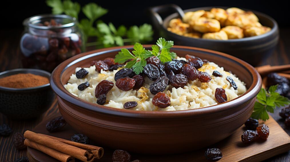 Plato de comida saludable de avena, pasas y canela en barra. Acompañado de frutos secos y hojas de menta fresca (Imagen ilustrativa Infobae)