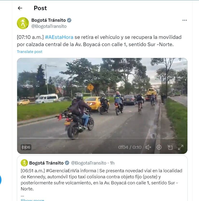 Bogotá Tránsito informa que se recuperó movilidad en la avenida Boyacá con calle 1 - crédito @BogotaTransito