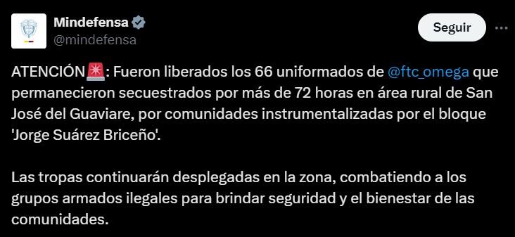 Desde el Ministerio de Defensa confirmaron que el secuestro de los uniformados fue llevado a cabo por comunidades instrumentalizadas por el bloque Jorge Suárez Briceño de las disidencias de las Farc - crédito @mindefensa/ X