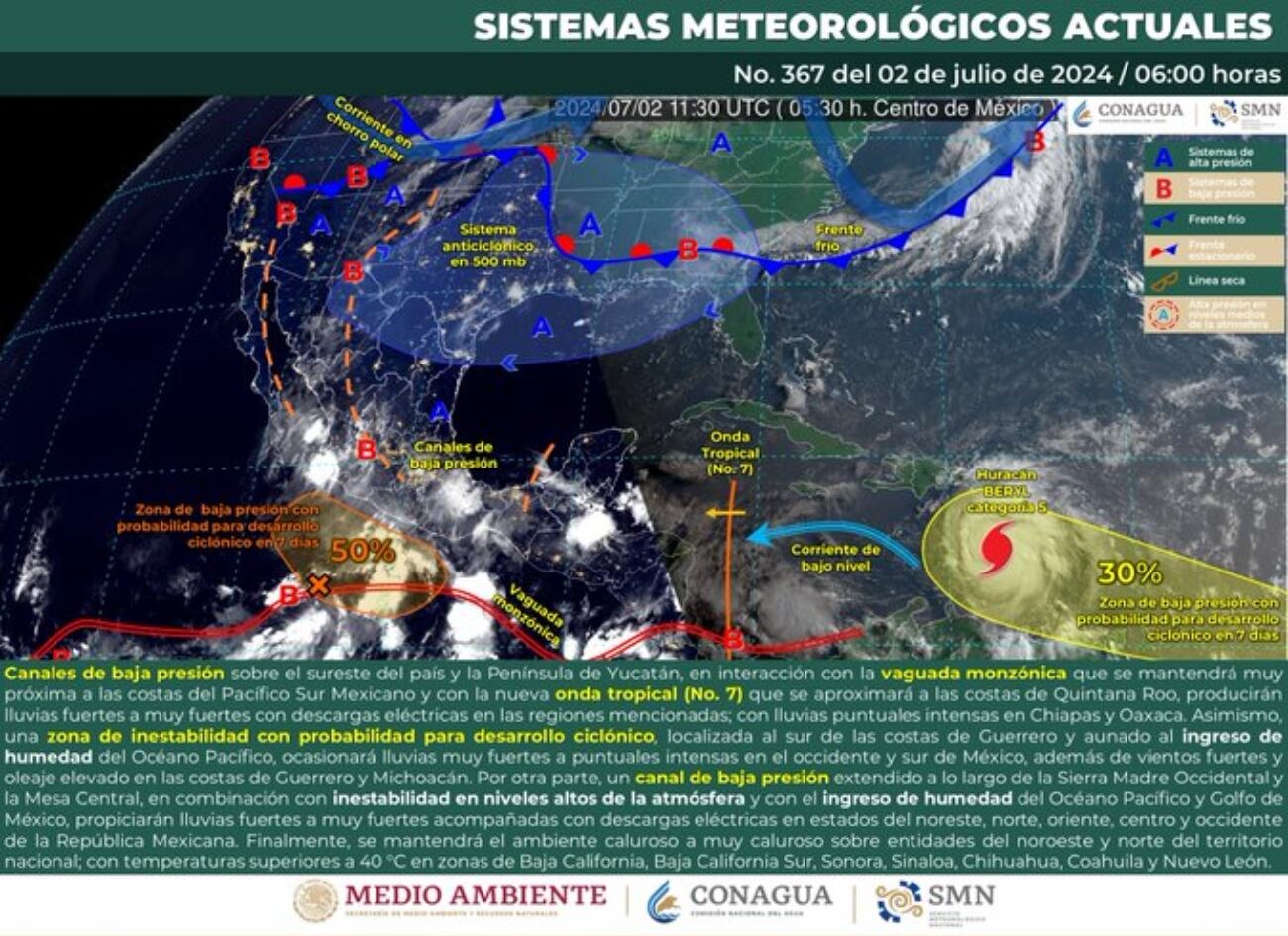 El SMN compartió este mapa de los sistemas meteorológicos que influirán en el clima de México este martes 2 de julio 2024