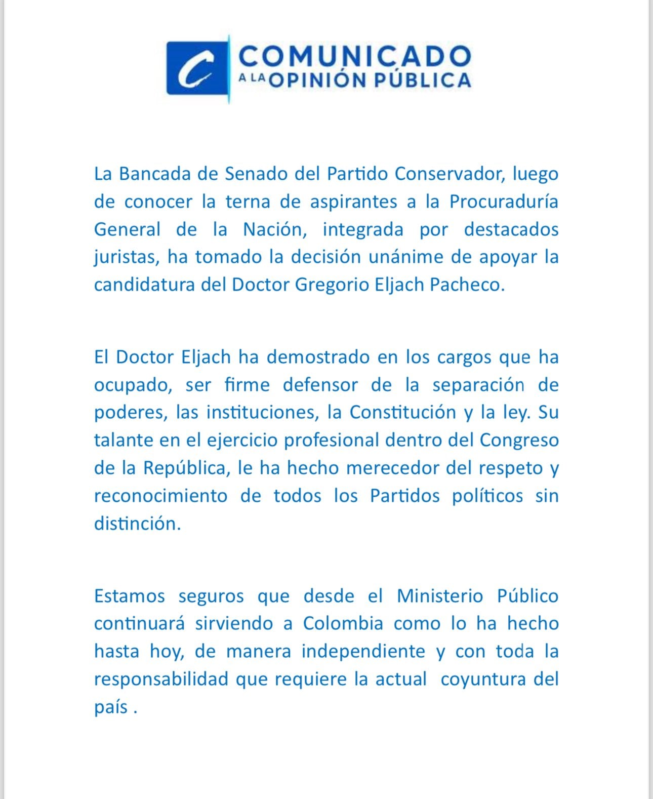 La bancada del Senado del Partido Conservador seleccionó de manera unánime a un destacado jurista como candidato a la Procuraduría General. Saben que se enfrenta a un reto muy importante - crédito Partido Conservado