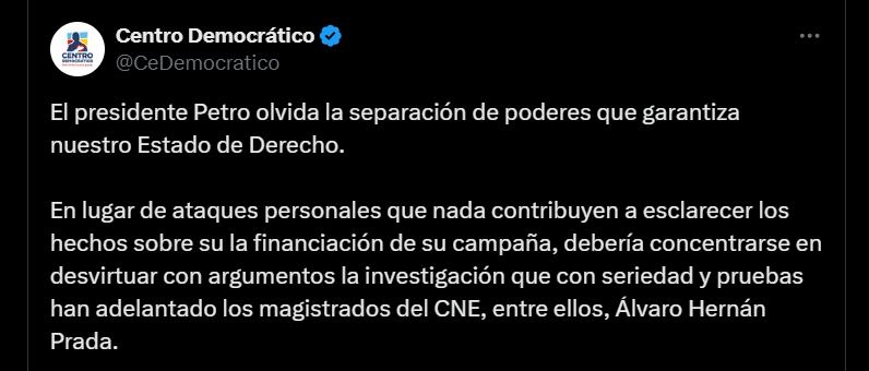 Pronunciamiento del Centro Democrático contra el presidente Gustavo Petro - crédito @CeDemocratico/X