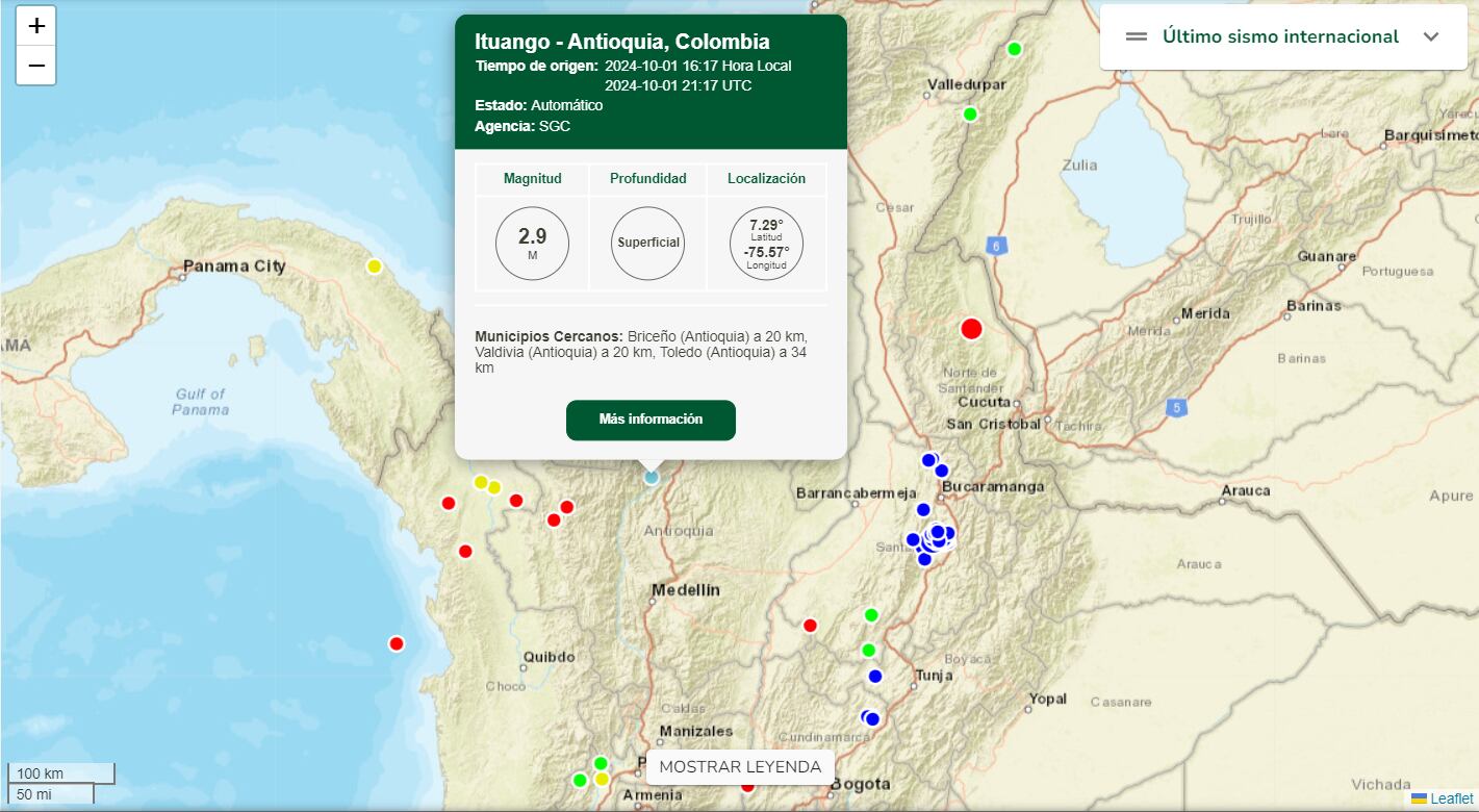 Sismo en Ituango, Antioquia: 1 de octubre - crédito SGC / Web