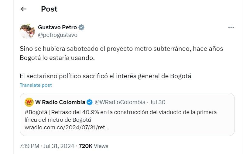 Gustavo Petro habla nuevamente de un metro subterráneo en Bogotá - crédito @petrogustavo