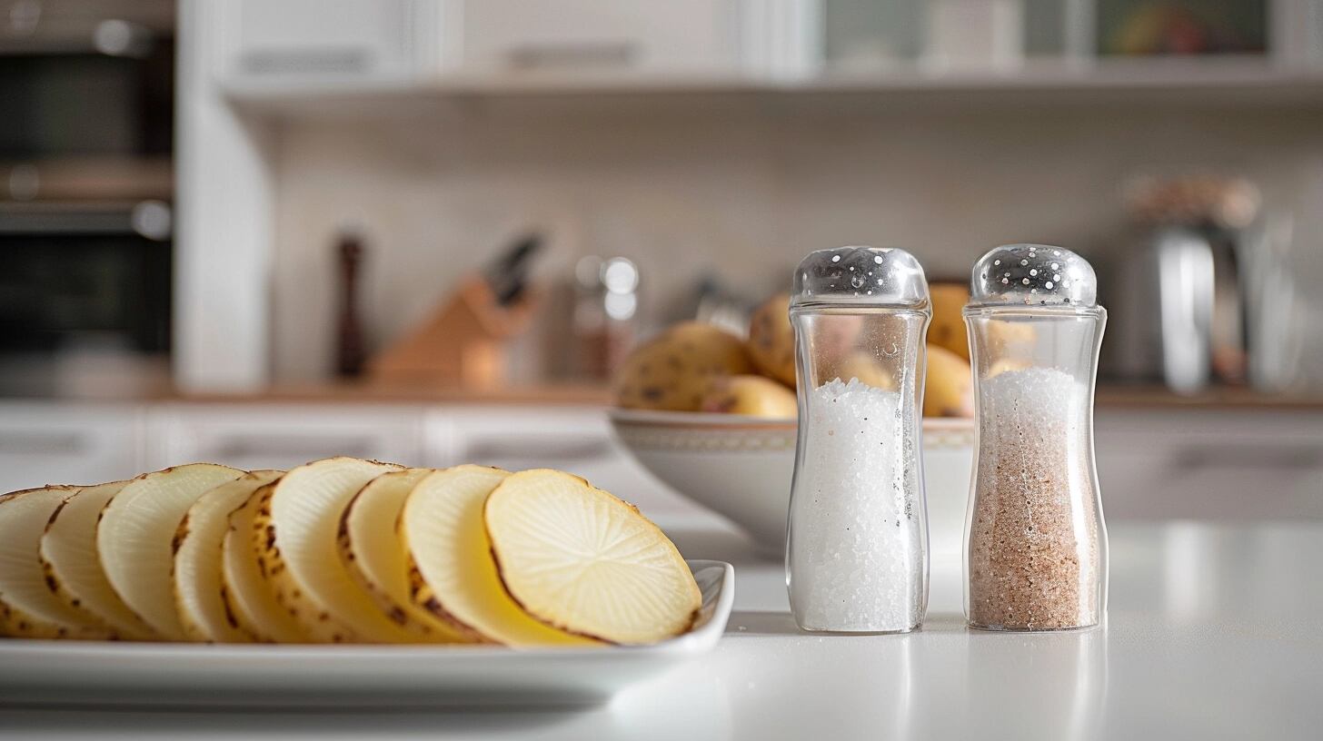 Sal fina y rodajas de papa preparadas en la encimera, listas para cocinar, ilustran los elementos básicos de la cocina saludable. Estos productos, esenciales para la dieta, enfatizan el valor de la simplicidad en la preparación de alimentos nutritivos y accesibles. Palabras clave: cocina saludable, dieta, elementos básicos, preparación de alimentos, productos esenciales, simplicidad, alimentos nutritivos, accesibilidad, sal y papa, valor nutricional. (Imagen ilustrativa Infobae)