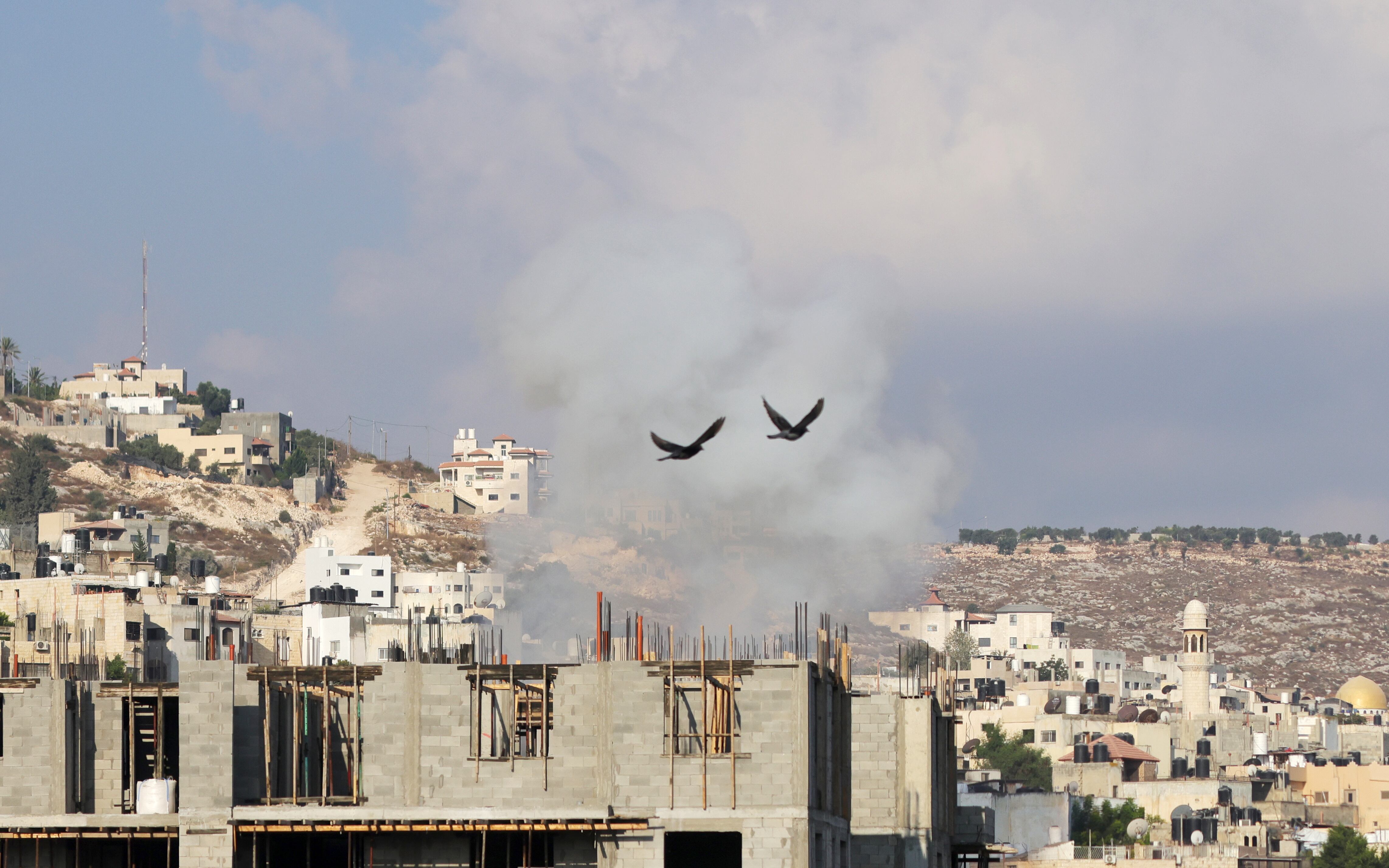 Dos palomas sobrevuelan los tejados de Yenín (EFE/ Alaa Badarneh)
