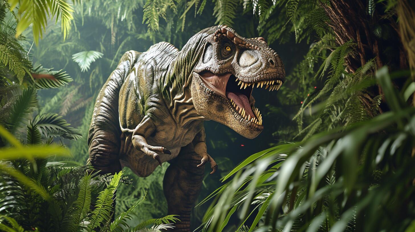 Un tiranosaurio rex parcialmente oculto entre la vegetación prehistórica, destacando su imponente presencia en un hábitat natural. La imagen representa el interés de la paleontología en recrear escenarios de la vida de los dinosaurios, mostrando el tiranosaurio como un ejemplo icónico de los reptiles de la era mesozoica. Refleja la curiosidad científica por entender la historia natural y la evolución de estas criaturas. (Imagen ilustrativa Infobae)