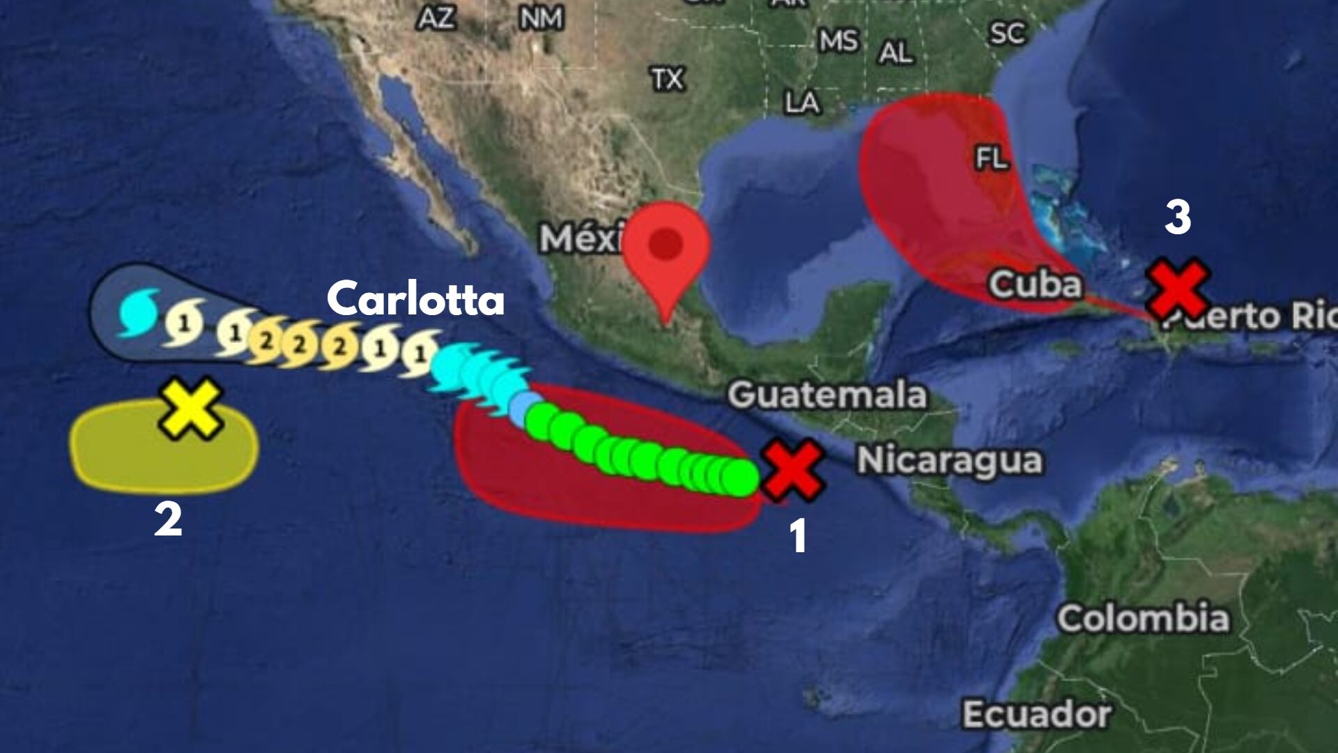 Ubicación de la Tormenta Tropical Carlotta y tres zonas de baja presión que tienen potencial desarrollo ciclónico para los próximos siete días.