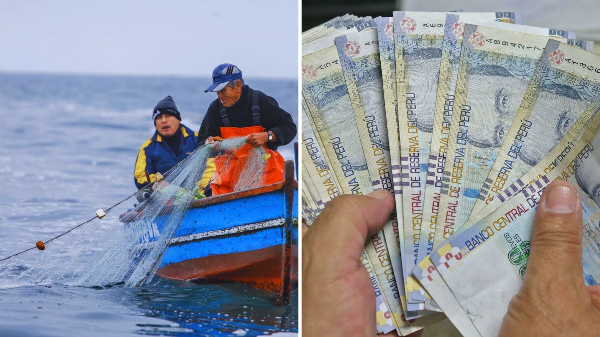 dos pescadores en mar y mano con fajo de billetes de 100 soles