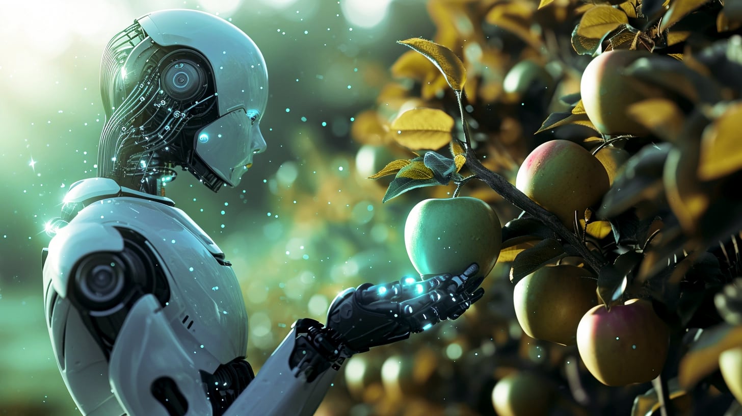 Un avanzado robot de inteligencia artificial se encuentra en medio de un campo, controlando el desarrollo de vegetales y frutas, ilustrando cómo la fusión de tecnología y agricultura facilita una gestión eficaz del cultivo. Este sistema automatizado marca el comienzo de una nueva era en la producción agrícola, donde la precisión y la sostenibilidad van de la mano. (Imagen ilustrativa Infobae).