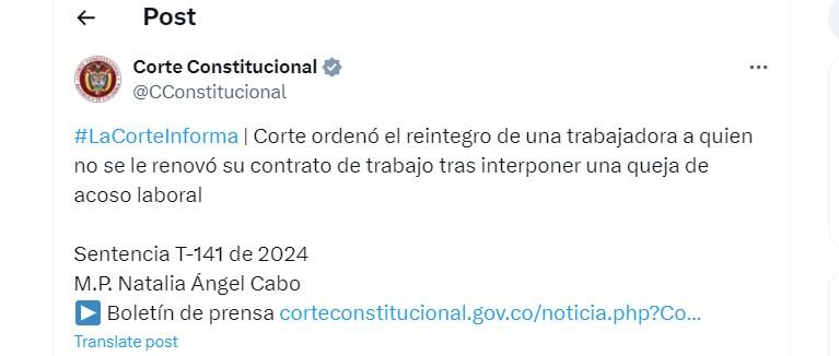 Corte Constitucional habla de la sentencia T-141 de 2024 - crédito @CConstitucional