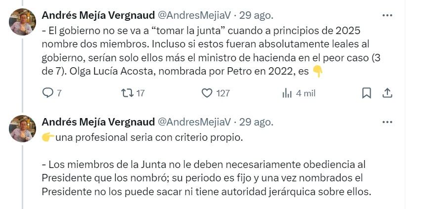 Andrés Mejía Vergnaud, analista y consultor político, dijo que los miembros de la junta no le deben necesariamente obediencia al presidente que los nombró - crédito @AndresMejiaV/X