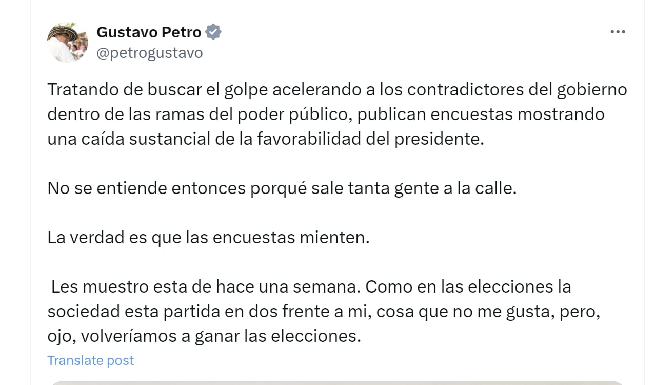 El presidente Gustavo Petro aseguró que las encuestas en las que le ha ido mal "mienten" - crédito @petrogustavo/X