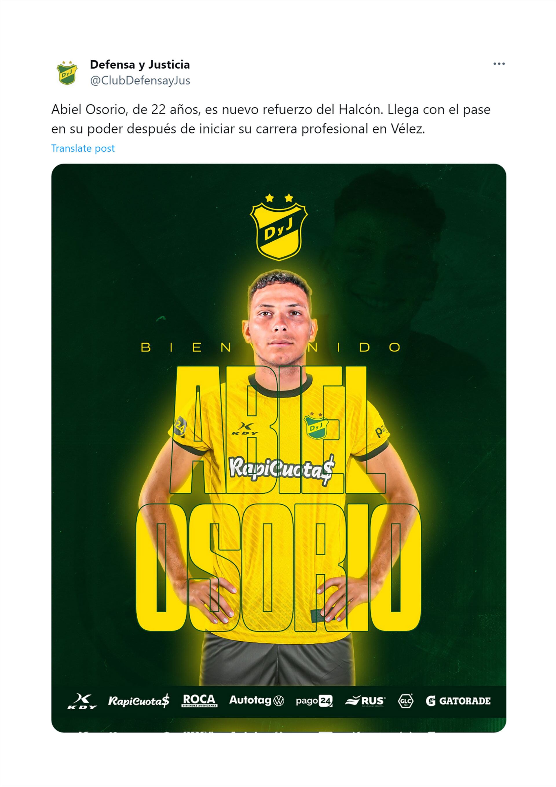 Abiel Osorio, nuevo jugador de Defensa y Justicia