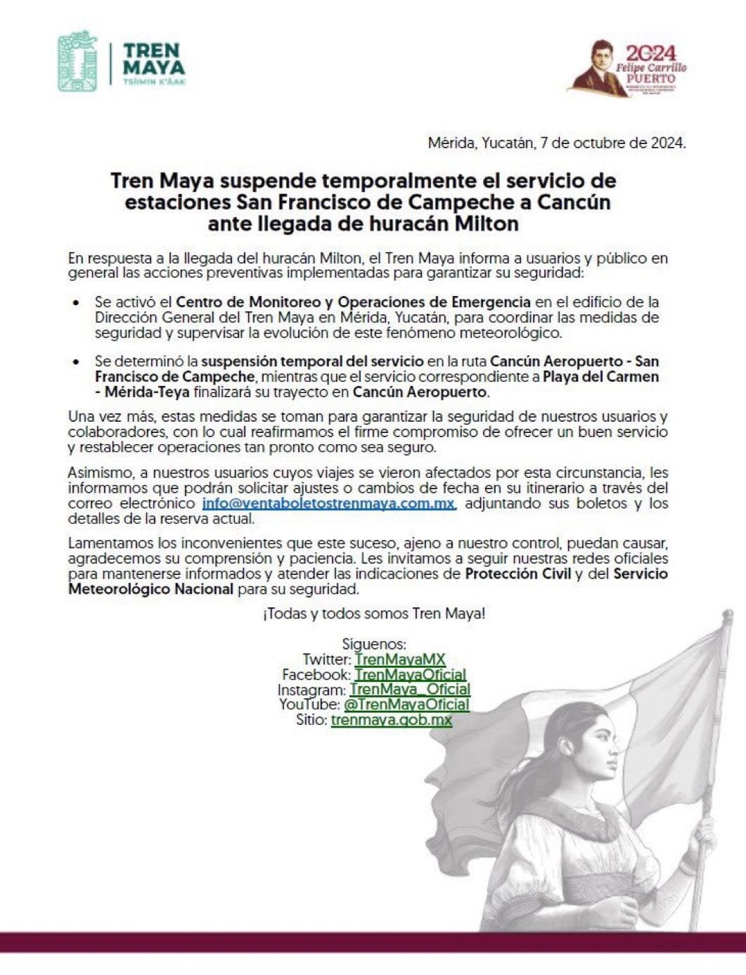 Tren Maya suspende servicio - huracán Milton - 7 octubre