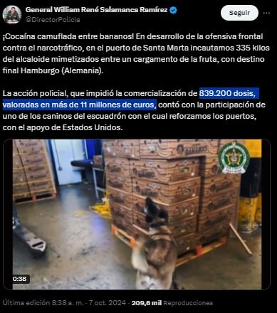 La droga iba camuflada en un cargamento de bananos con destino a Europa - crédito @DirectorPolicia/X