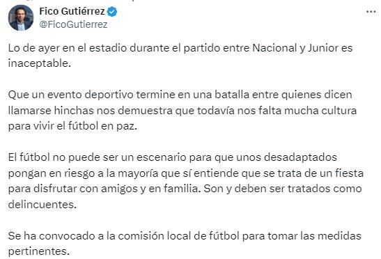 Mensaje del alcalde de Medellín ante los desmanes en el Atanasio Girardot