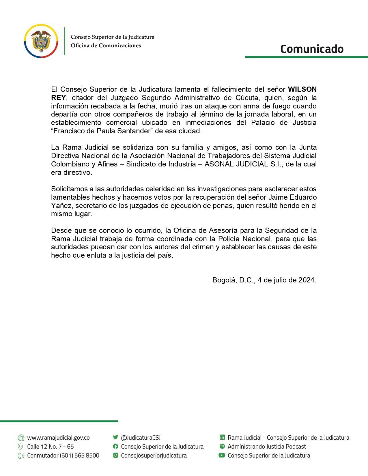 Consejo Superior de la Judicatura envió sus condolencias a familiares y amigos del funcionario asesinado en Cúcuta - crédito @ConsejoSuperior/X