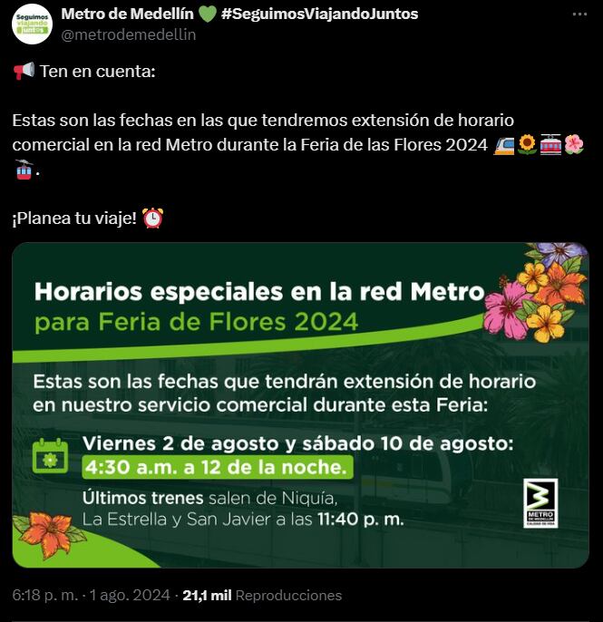 El Metro de Medellín anunció jornada extendía para la Feria de las Flores - crédito @metrodemedellin/X