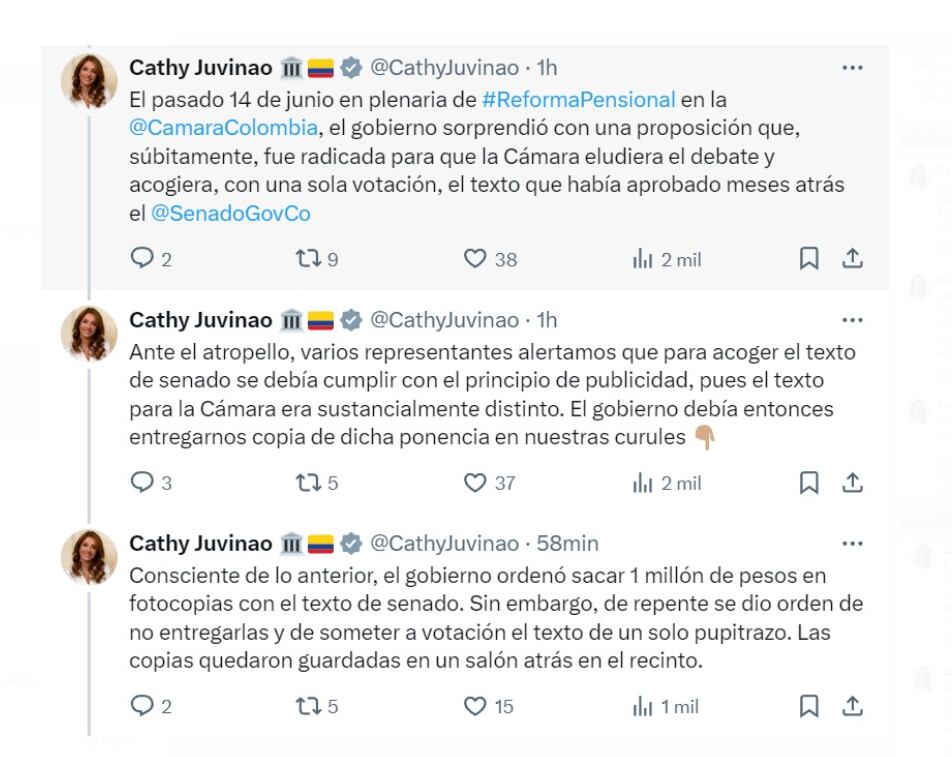 Catherine Juvinao criticó fuertemente al Gobierno de Gustavo Petro, acusándolo de utilizar estrategias ilegítimas para sabotear su propia reforma tributaria - crédito @CathyJuvinao/X