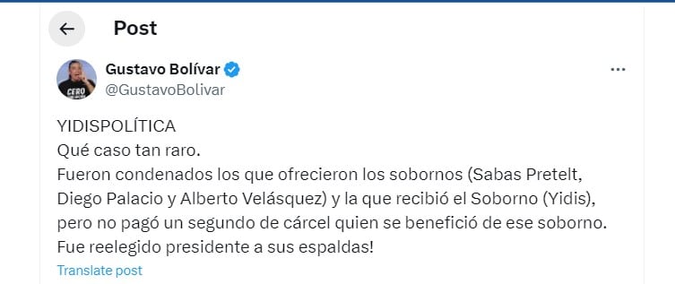 Gustavo Bolívar cuestionó las razones de porqué no hubo más condenas en el caso de la yidispolitica - Crédito @GustavoBolivar