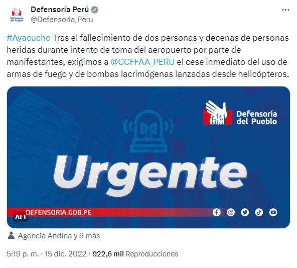 Defensoría del Pueblo denunció que bombas lacrimógenas y armas de fuego eran disparadas desde helicópteros de las Fuerzas Armadas ante falta de comunicación con Alberto Otárola y Manuel Gómez de la Torre. X / Defensoría del Pueblo.