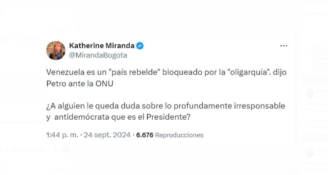 Katherine Miranda expresó su desacuerdo con las afirmaciones de Petro sobre Venezuela y Cuba - crédito @MirandaBogota/X