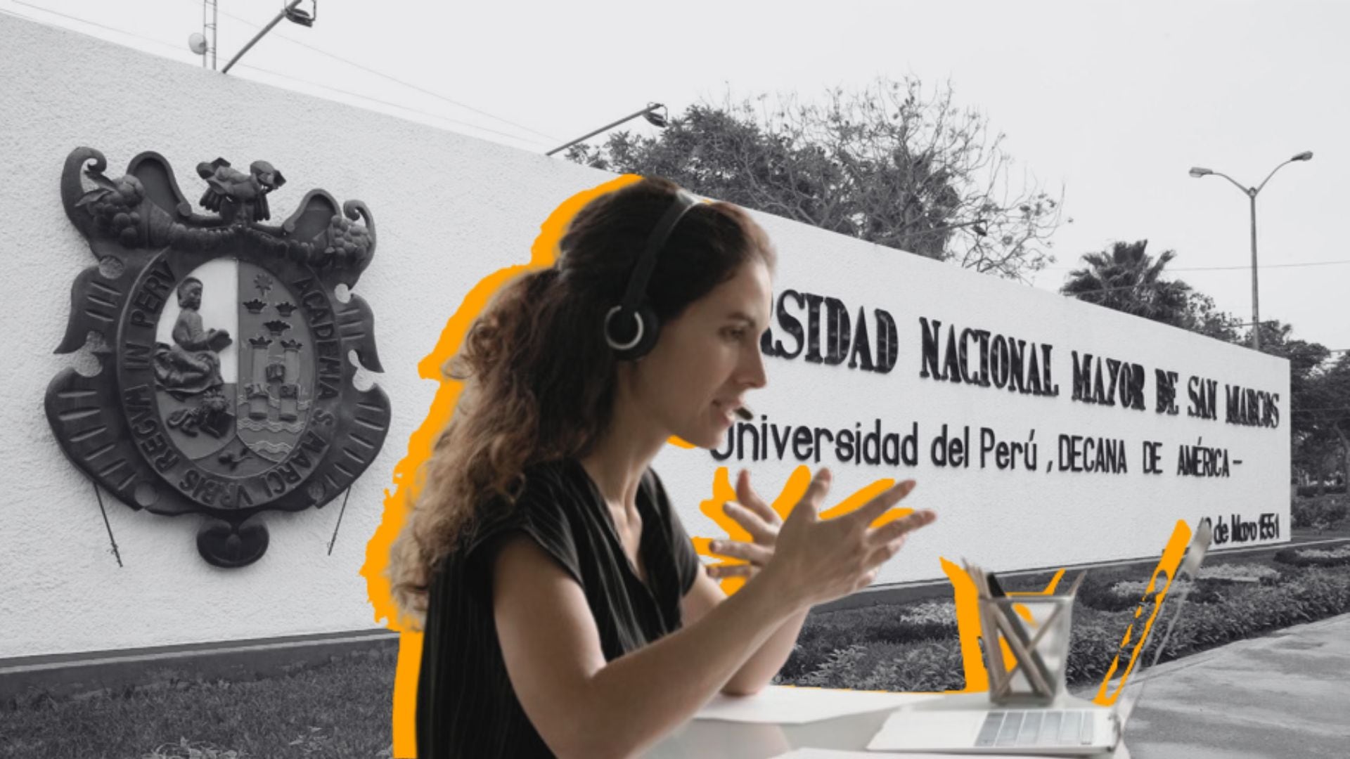 Mujer hablando por teléfono con fachada de la UNMSM.