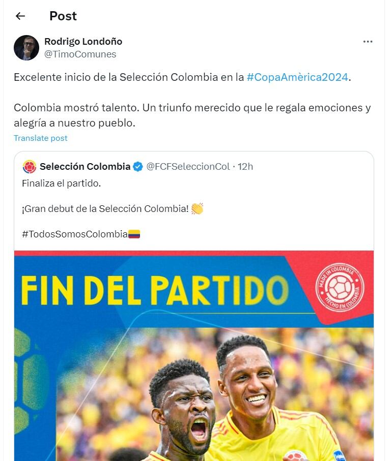 Rodrigo Londoño festeja triunfo de la selección Colombia - crédito @TimoComunes