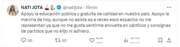 Nati Jota se expresó sobre la educación pública