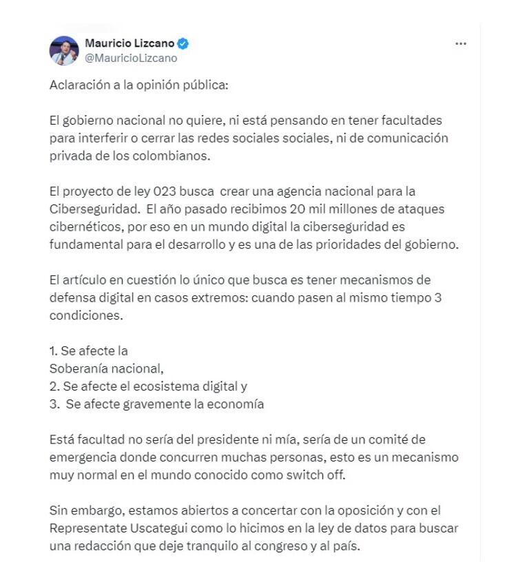 Mauricio Lizcano y su respuesta a señalamientos de supuesta censura de las redes sociales en Colombia