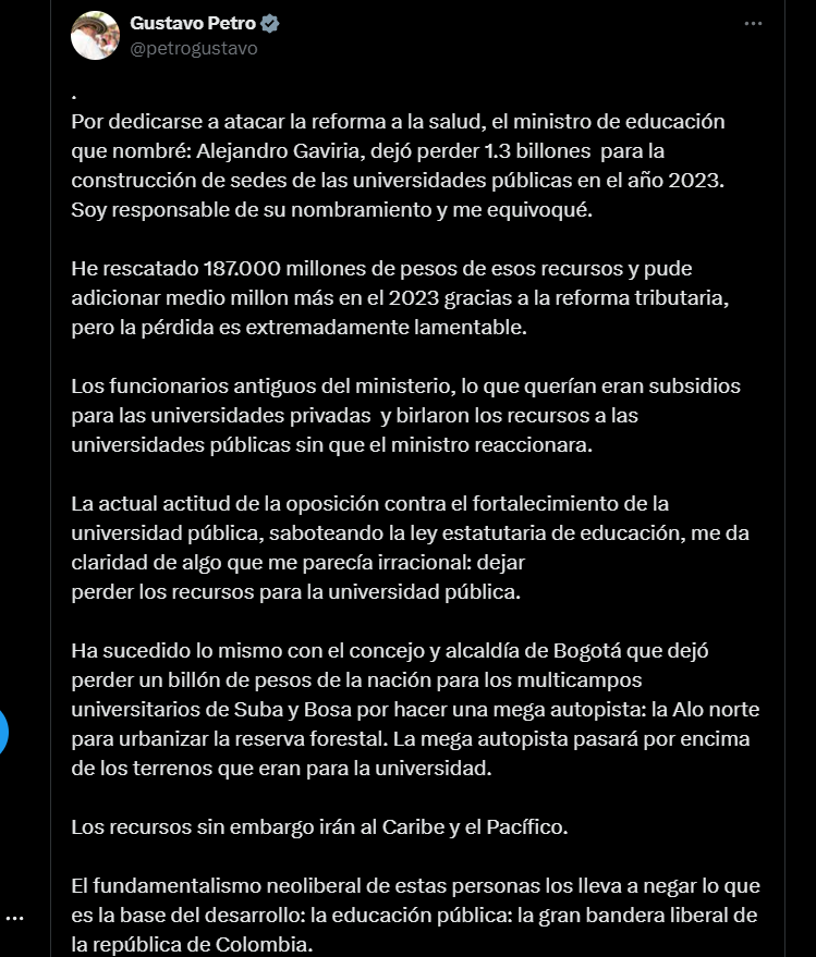 El mensaje de reafirmación de la acusación del presidente contra Alejandro Gaviria - crédito @petrogustavo/X