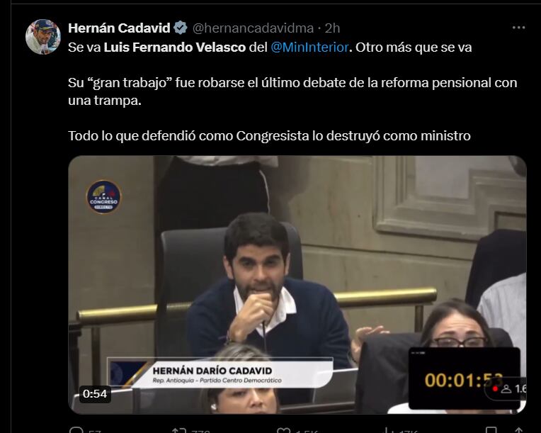 Hernán Cadavid criticó a Velasco por su gestión en el trámite de la reforma pensional - crédito @hernancadavidma/X