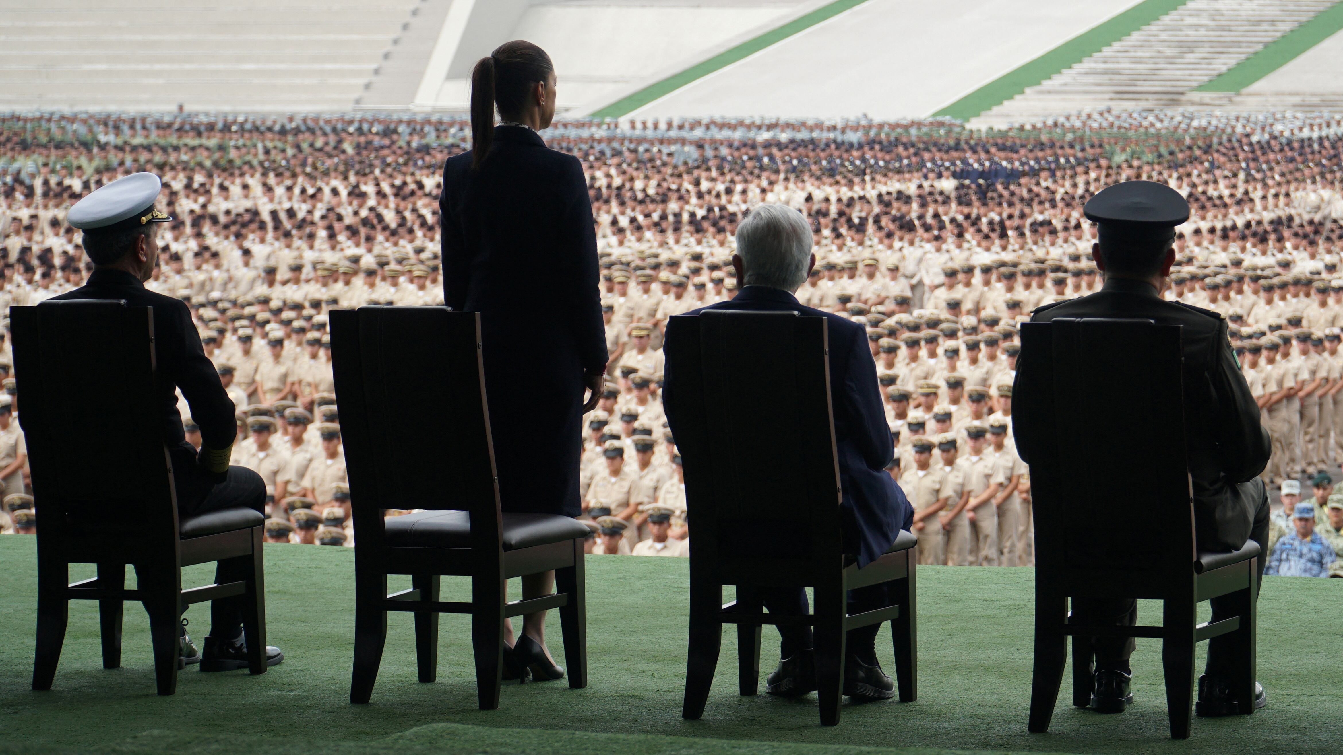 Mexican President Andres Manuel Lopez Obrador and President-elect Claudia Sheinbaum attend an event at Heroic Military College, in Mexico City, Mexico in this photo released on September 10, 2024 and distributed by Mexico Presidency/Handout via REUTERS ATTENTION EDITORS - THIS IMAGE WAS PROVIDED BY A THIRD PARTY. NO RESALES. NO ARCHIVES