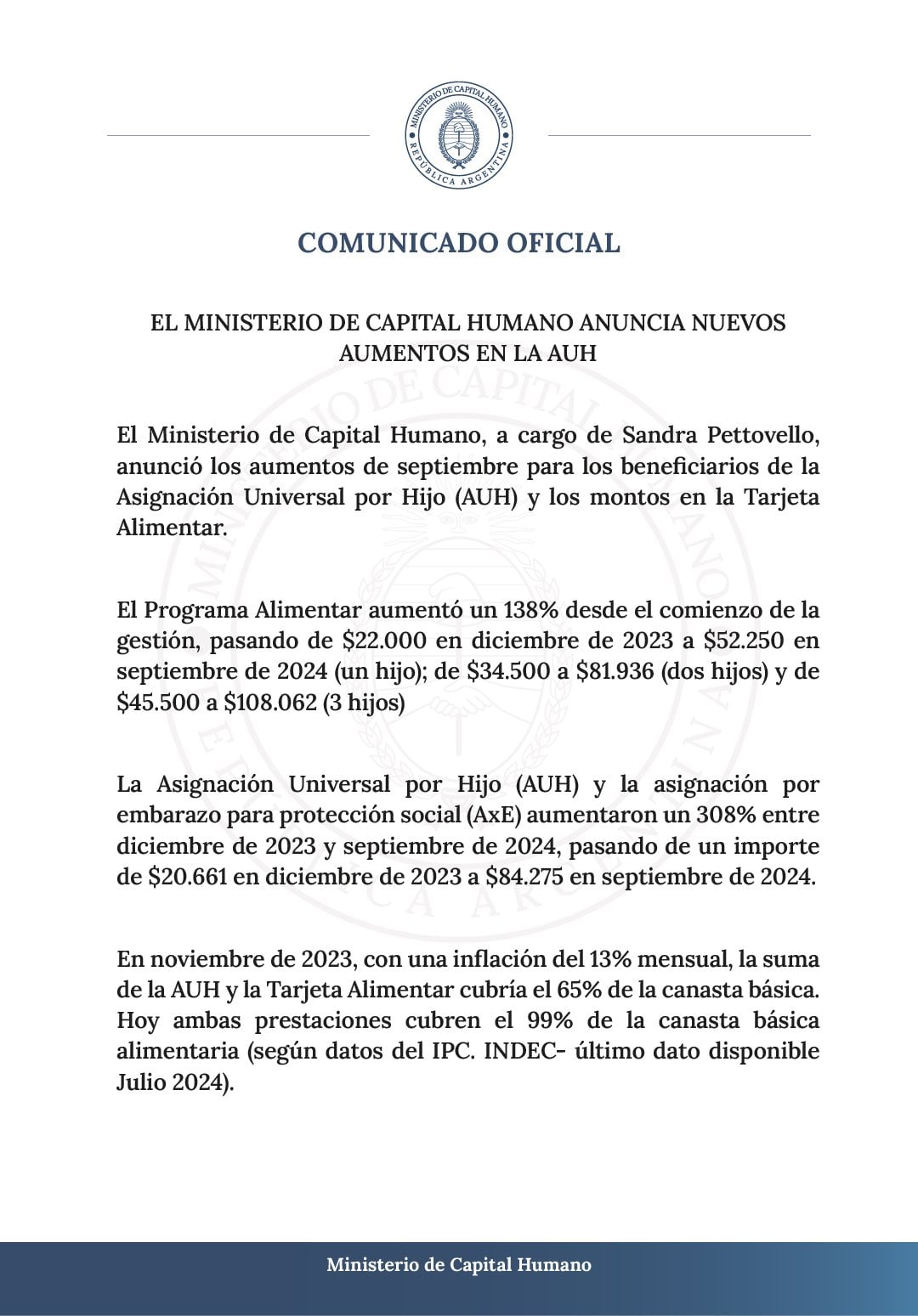 aumento en la Tarjeta Alimentar y la AUH septiembre comunicado del Ministerio de Capital Humano