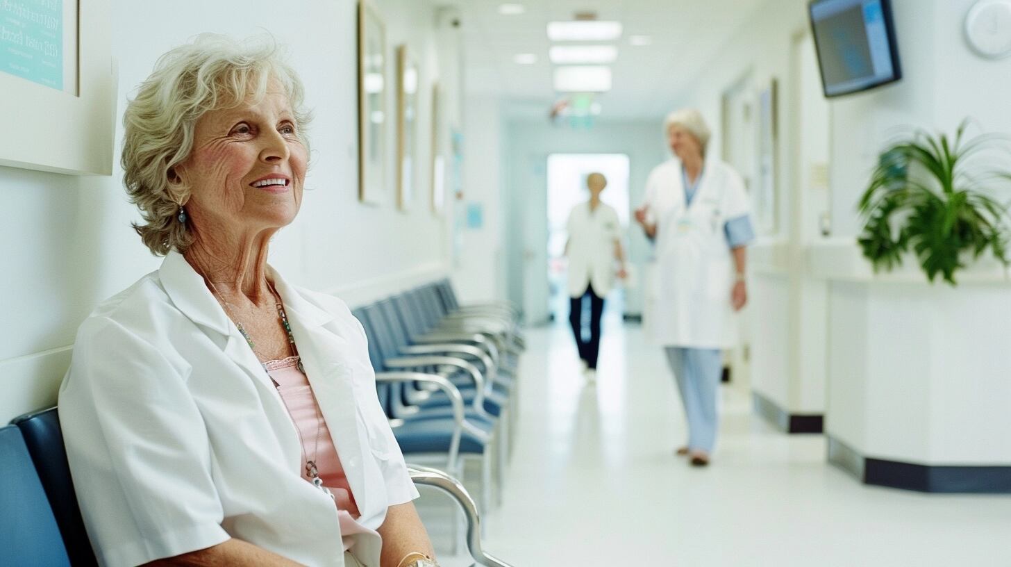 Mujer anciana esperando consulta en consultorio médico de un hospital público. Rodeada de sillas vacías, la imagen refleja la paciencia y la necesidad de cuidados médicos en la vejez. Palabras clave: mujer anciana, cuidados médicos, vejez, sillas vacías, consultorio médico, hospital público, paciente, turno, entorno médico, salud. (Imagen ilustrativa Infobae)