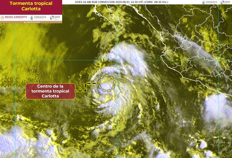 Mapa del SMN que muestra la ubicación del centro de la Tormenta Tropical Carlotta