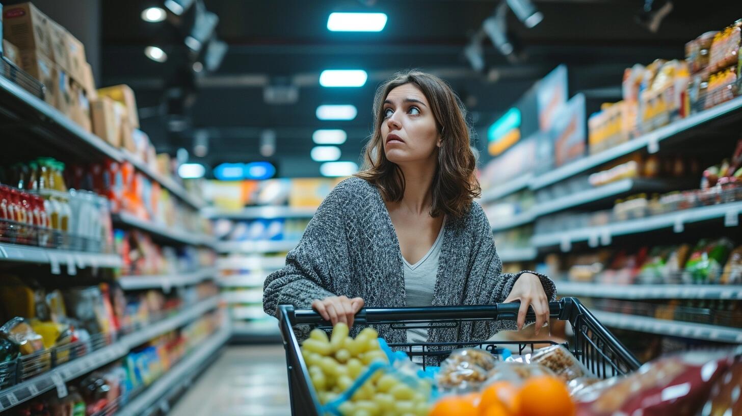 Cliente femenina impactada mientras revisa el coste de los productos nutricionales en una tienda, evidenciando la tensión económica y el efecto de la inflación en el poder adquisitivo. (Imagen ilustrativa Infobae)