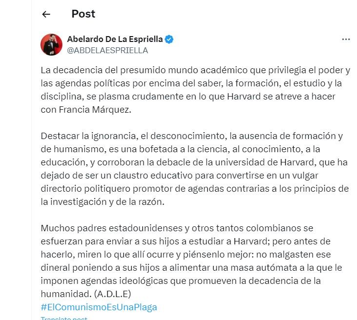 Abelardo De La Espriella cuestiona el reconocimiento entregado a Francia Márquez - crédito @ABDELAESPRIELLA