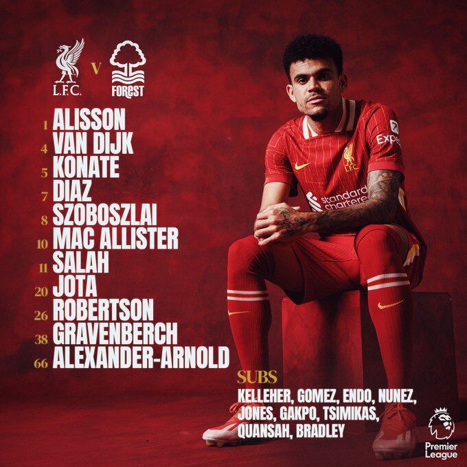 Con El Guajiro de inicialista, así saldrá el equipo de Arne Slot para jugar ante Nottingham Forest-crédito @LFC/X