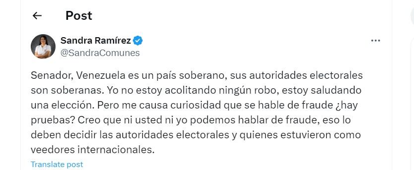 Sandra Ramírez le responde a Gustavo Moreno por elecciones en Venezuela - crédito @SandraComunes