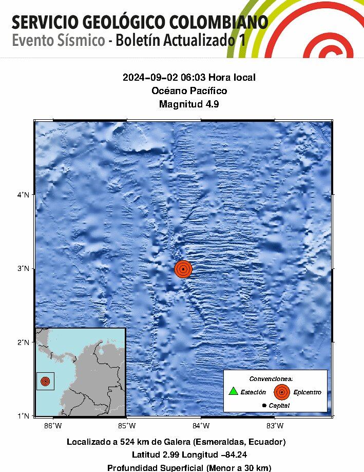 Reporte del Servicio Geológico Colombiano en el Océano Pacífico - crédito @sgcol/X