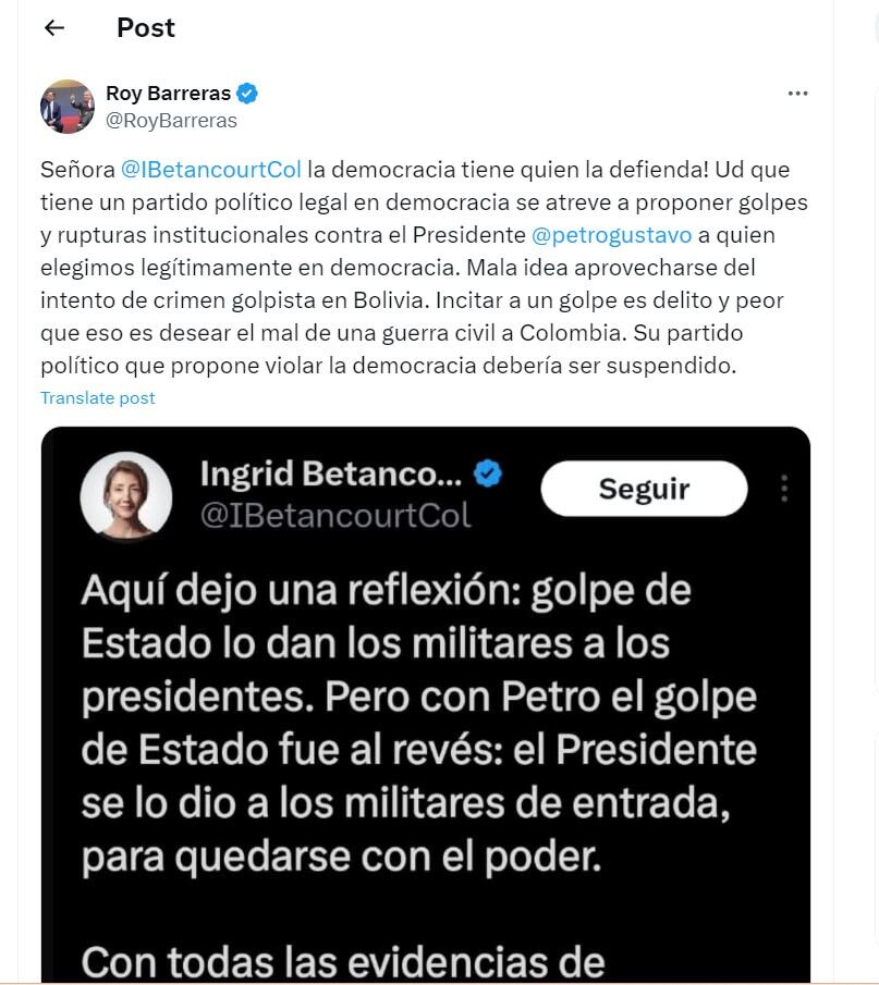 Roy Barreras criticó una publicación de Ingrid Betancourt en la que según él, proponía un golpe de estado - crédito @RoyBarreras