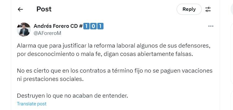 Andrés Forero cuestiona la intervención de María Fernanda Carrascal - crédito @AForeroM