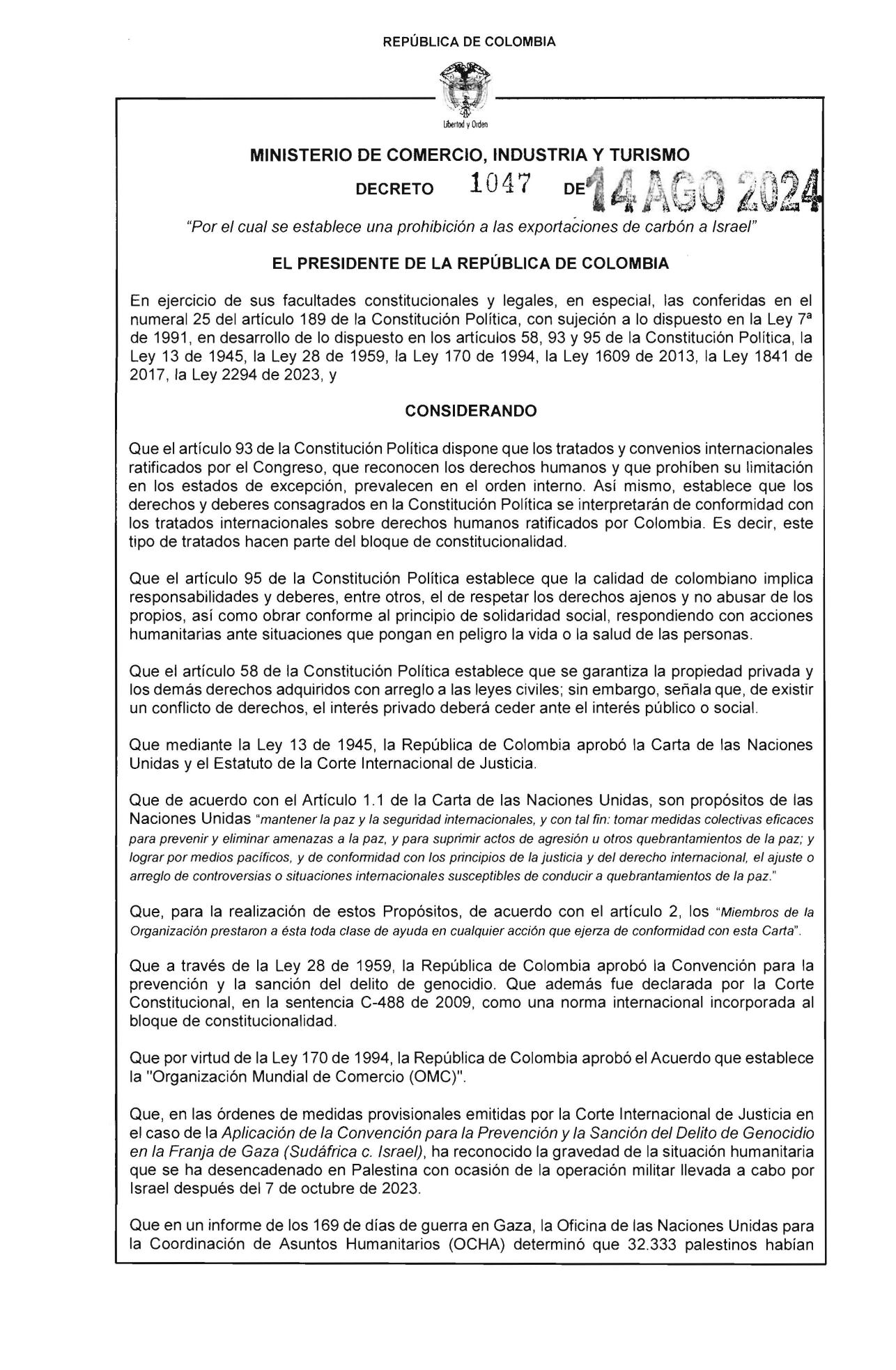 Decreto que deja en firme la no exportación de carbón por parte de Colombia a Israel - crédito Ministerio de Comercio Industria y Turismo