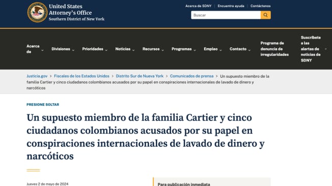 Las autoridades de EE. UU. y Colombia colaboran de manera conjunta  en la operación para desmantelar la red liderada por Maximilien de Hoop Cartier y Leonardo de Jesús Zuluaga Duque - crédito www.justice.gov