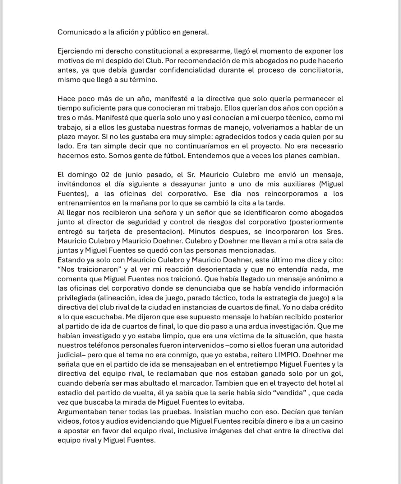 Carta de Robert Dante Siboldi a Tigres