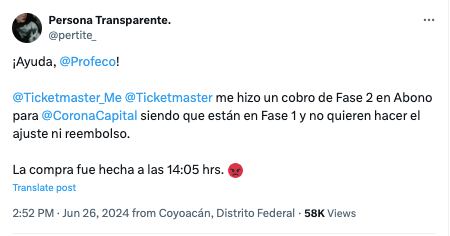 Usuarios acusan a Ticketmaster y al Corona Capital de cargos sorpresa; ya piden ayuda de Profeco