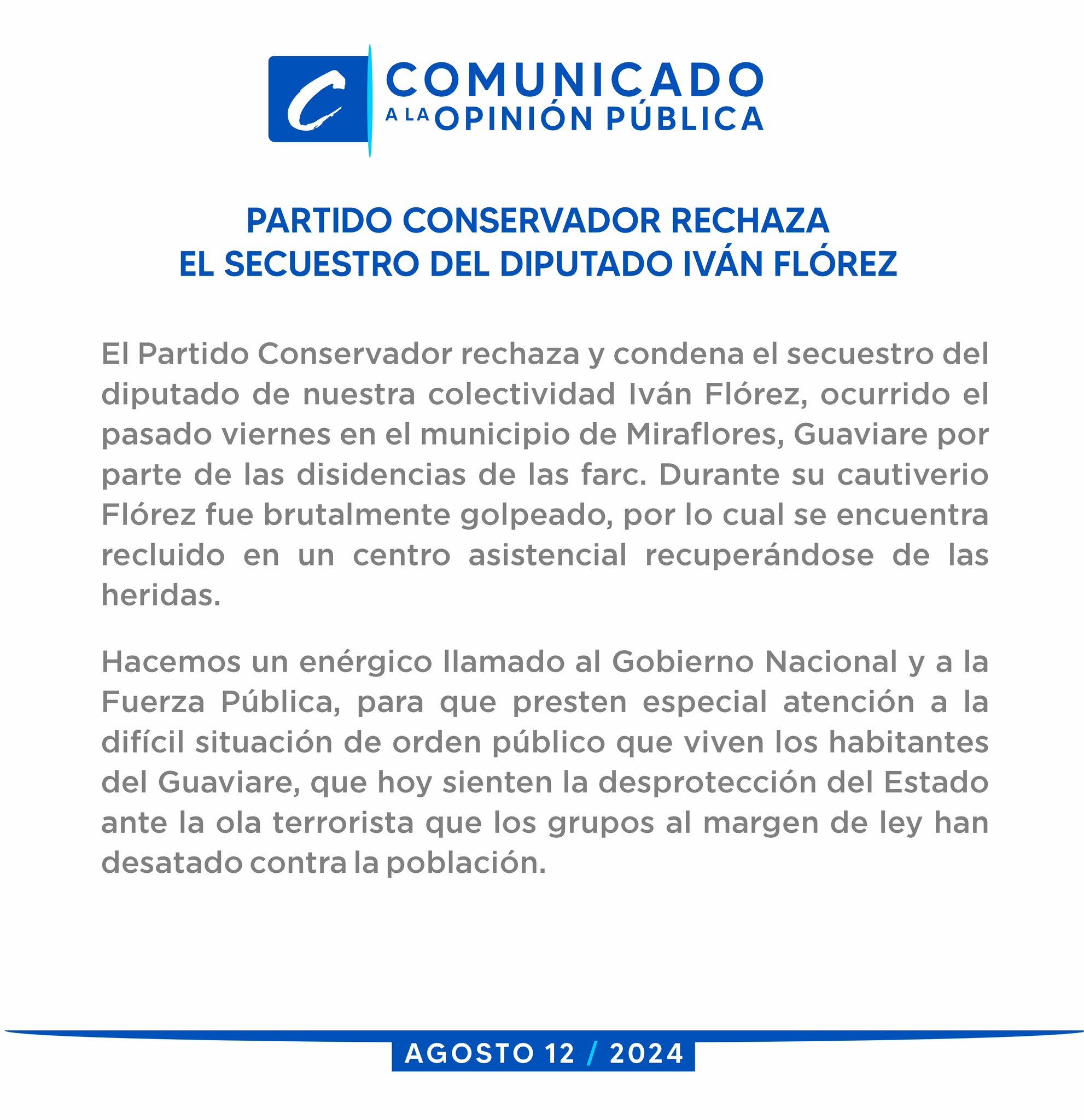 Partido Conservador denuncia que diputado Iván Flórez fue golpeado durante su secuestro - crédito @soyconservador